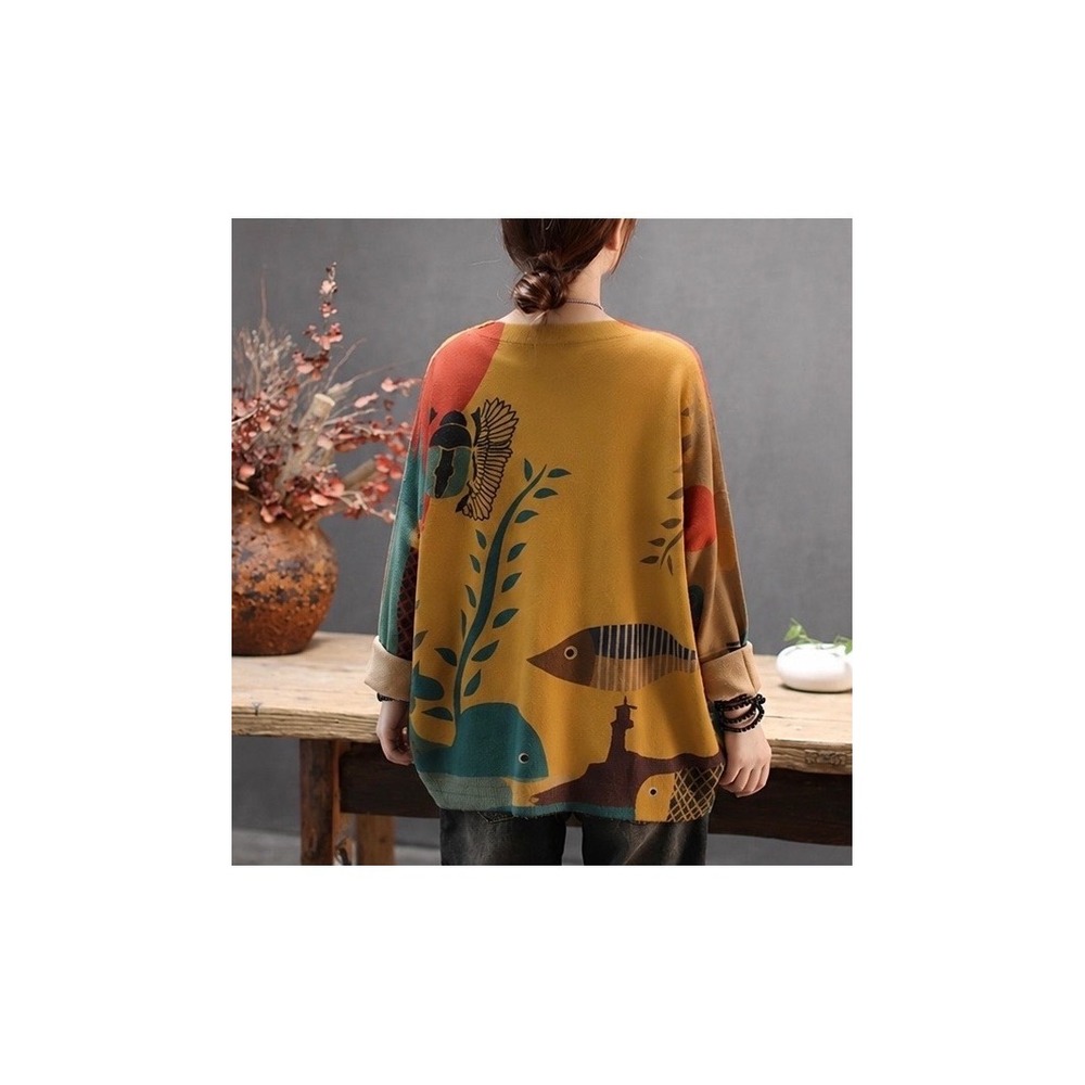 Oversized Graphic Wool Blend Sweater XL Fish Nature Art To Wear Eclectic Artsy - Picture 2 of 14